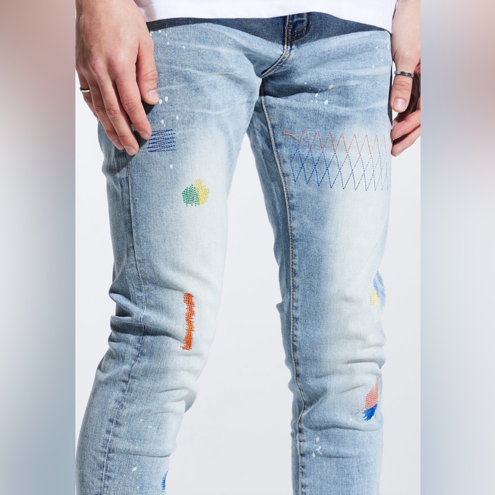 Iris Standard Denim by Embellish Paint Splatter and Stitch Accent New W/ Tags